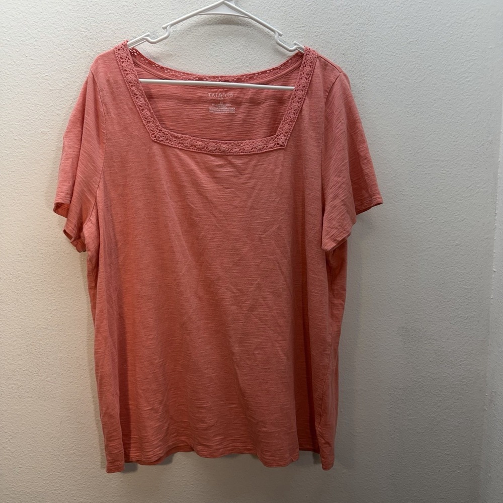 Talbots Square Neck Top Blouse Women Size 2X Pink Cotton blend Embroidered Neck‎